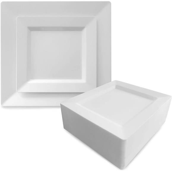 White Square Plates Set 10" - 50 count - Premium Hard White Disposable - Picture 3 of 6